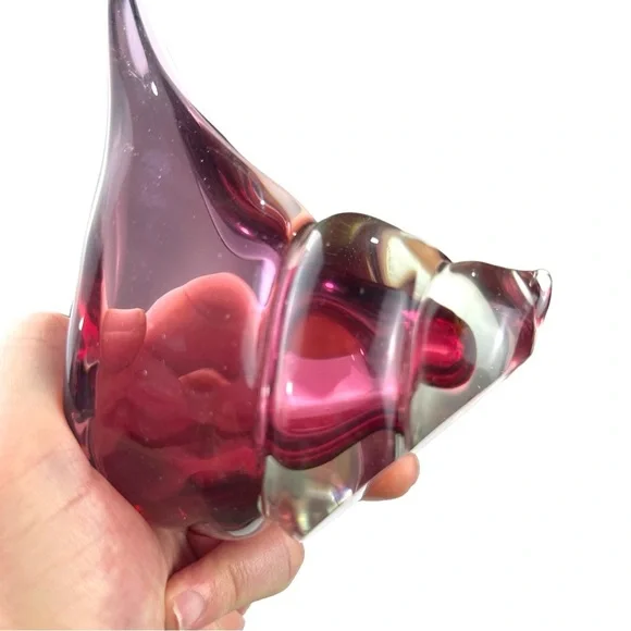 Vtg 1950s Alfredo Barbini Murano Italy Art Glass Cranberry Conch Shell Bowl 5”